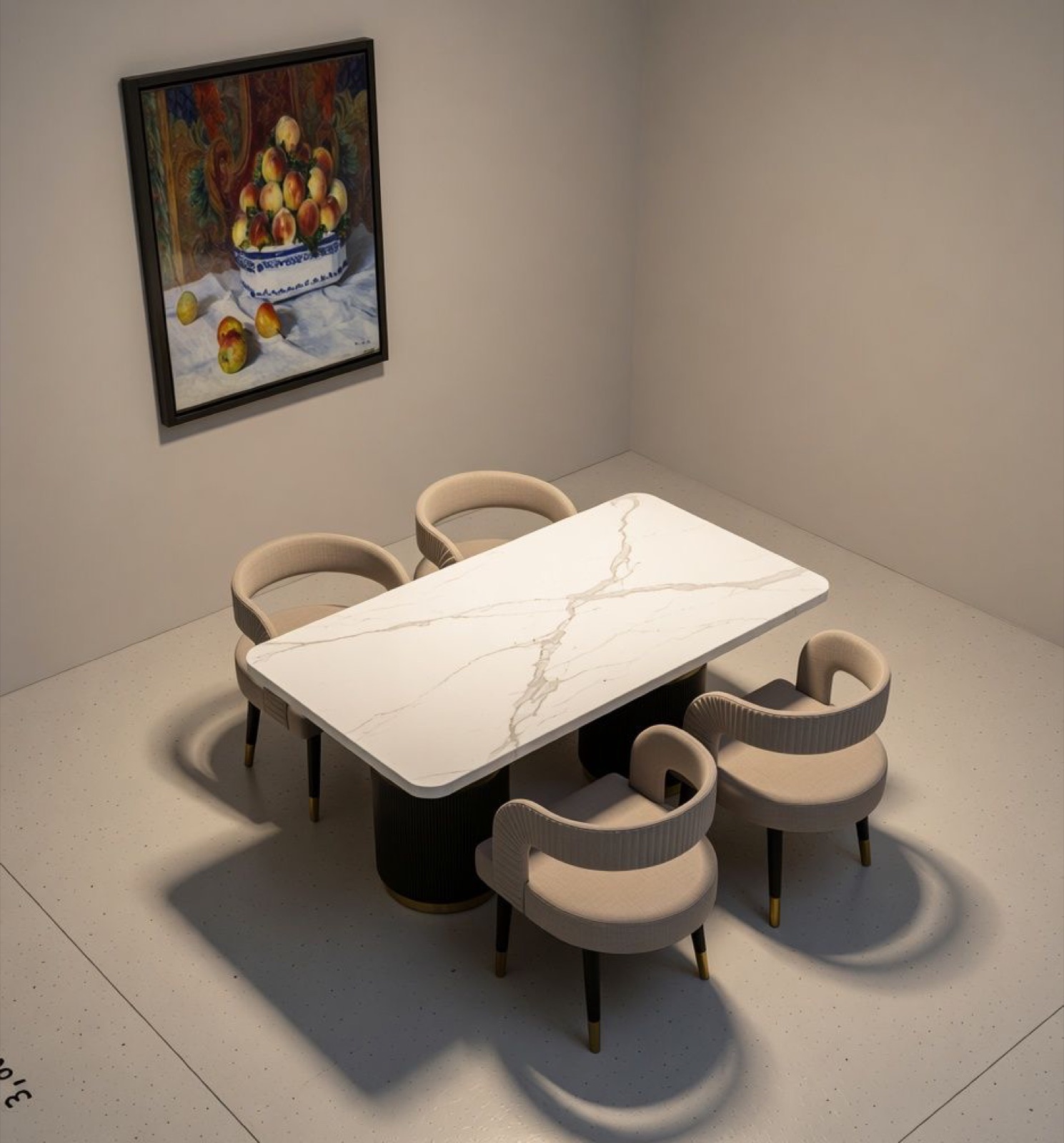 Render de una mesa de comedor de mármol con cuatro sillas
