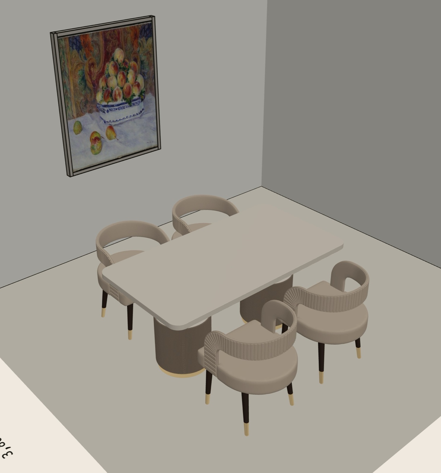 Una mesa de comedor con cuatro sillas en la vista 3D del configurador
