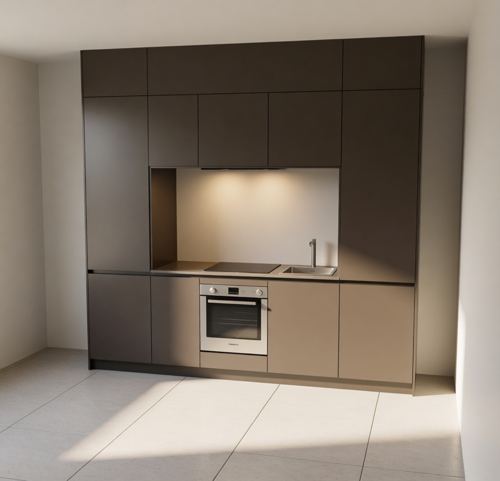 Render de una cocina en un acabado más claro
