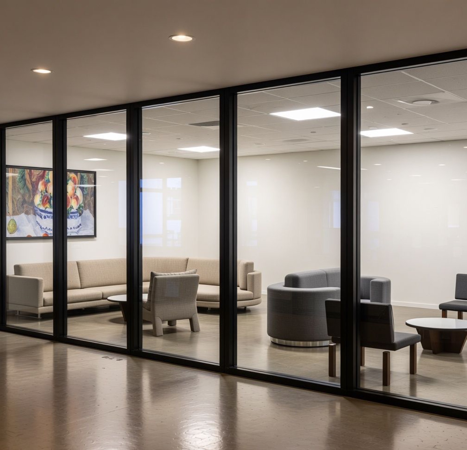 Render of an office lounge behind glass