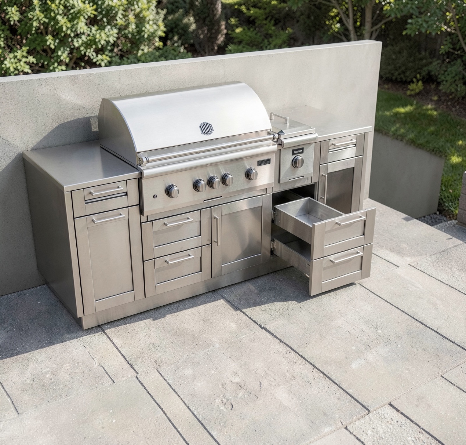 Render of a grill set into outdoor cabinets