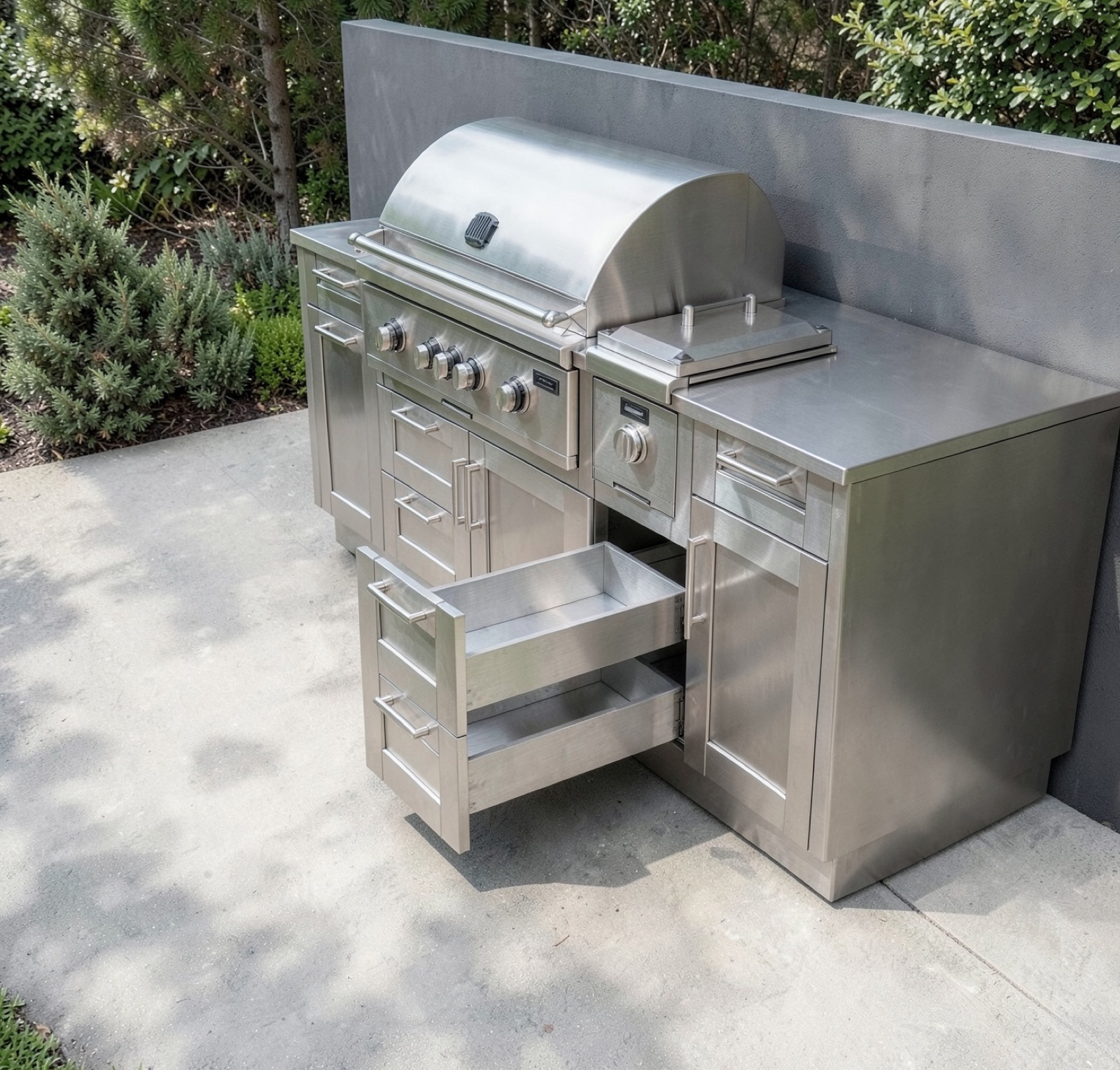 Render of an outdoor kitchen with its drawers open