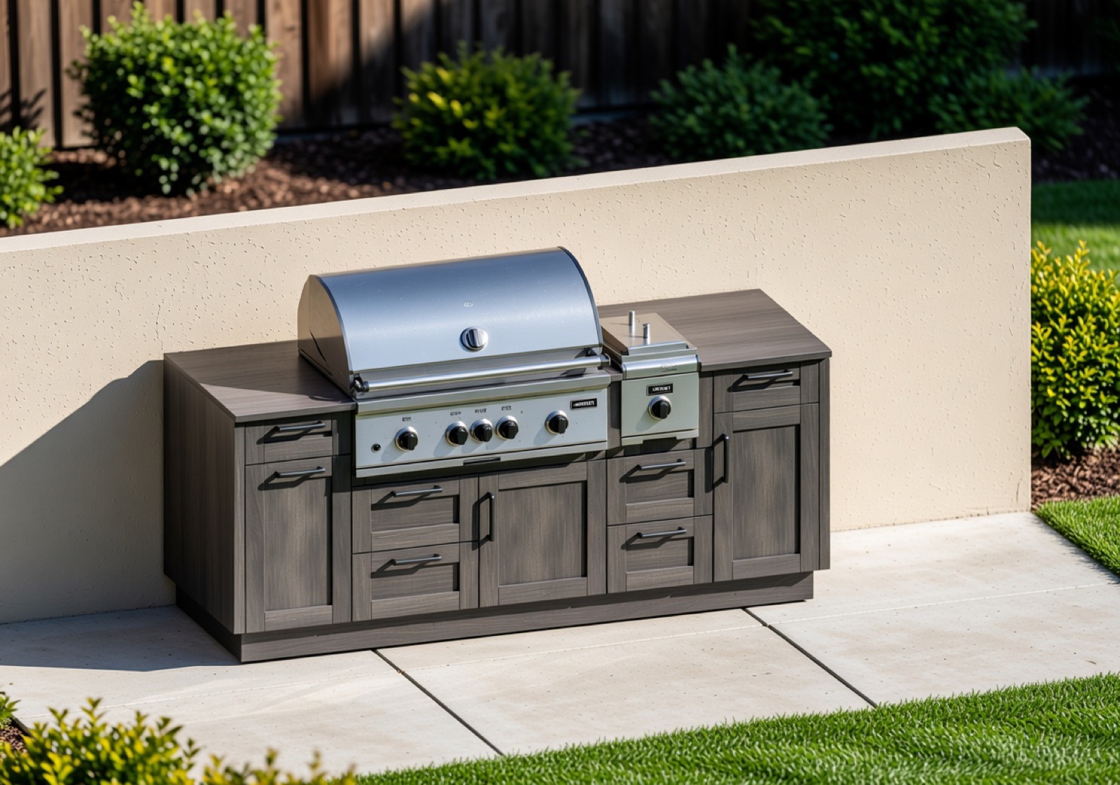 Render de una cocina exterior con parrilla, en un jardín