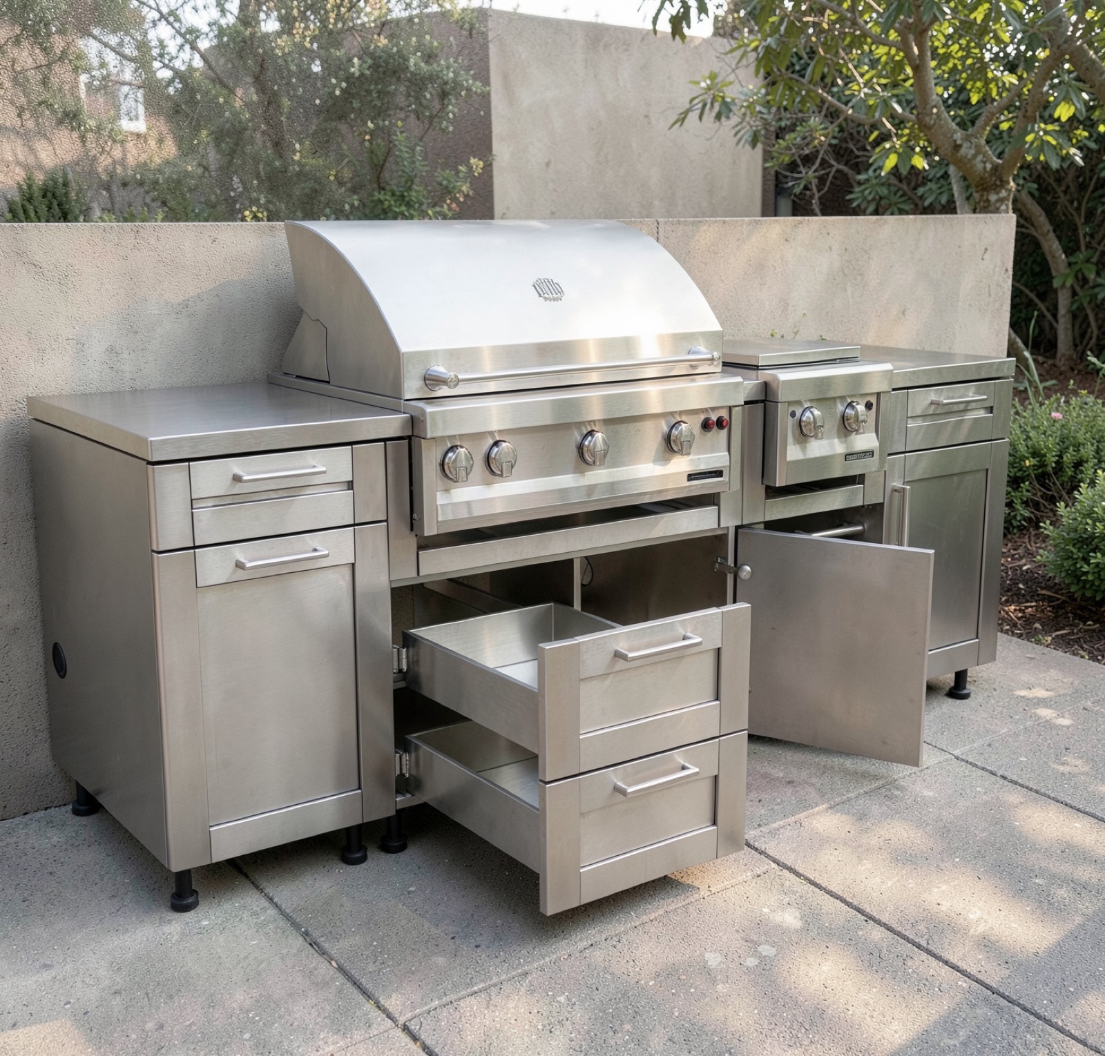 Render of an outdoor kitchen with doors and drawers open