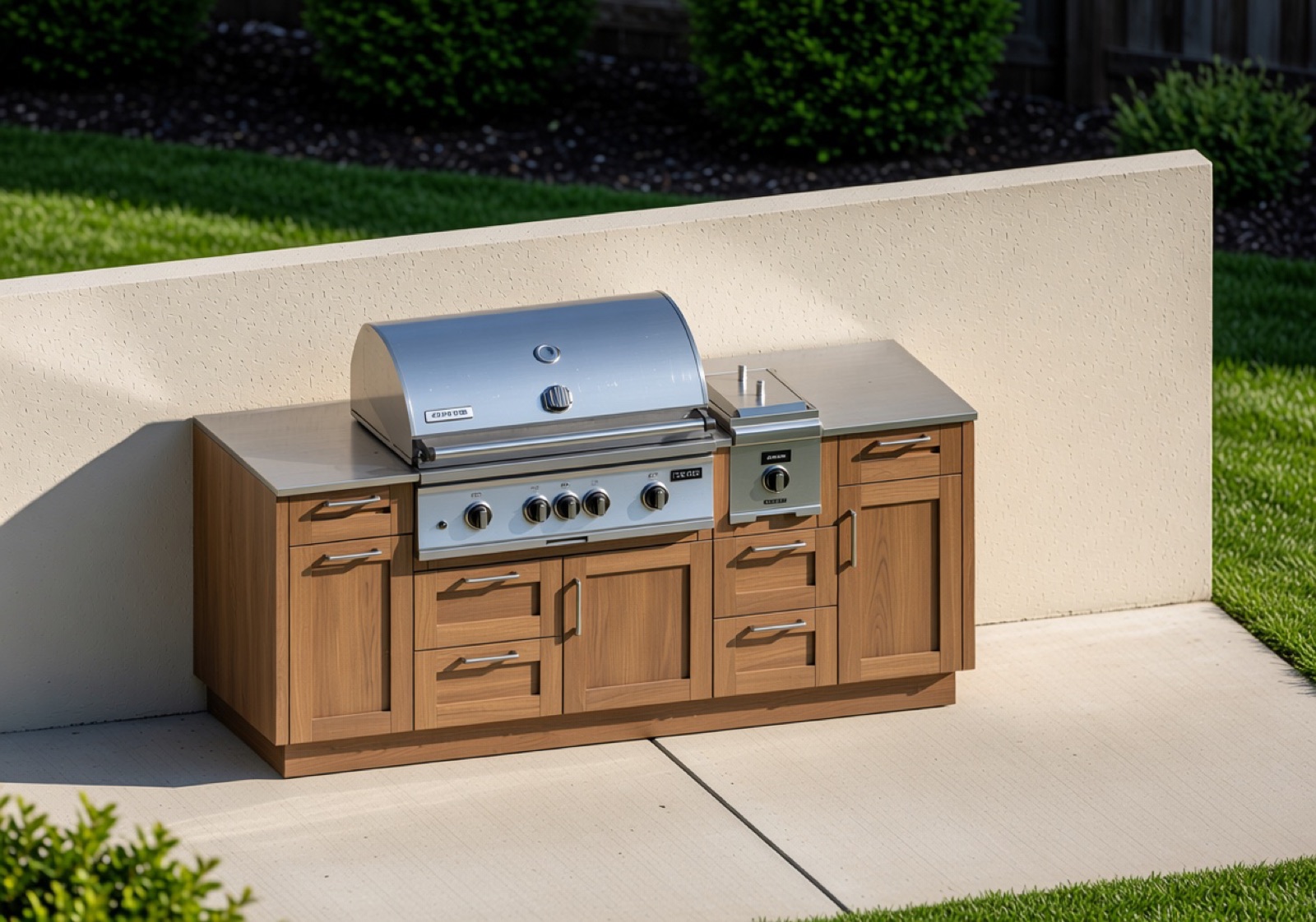Render of an outdoor kitchen in a wood finish