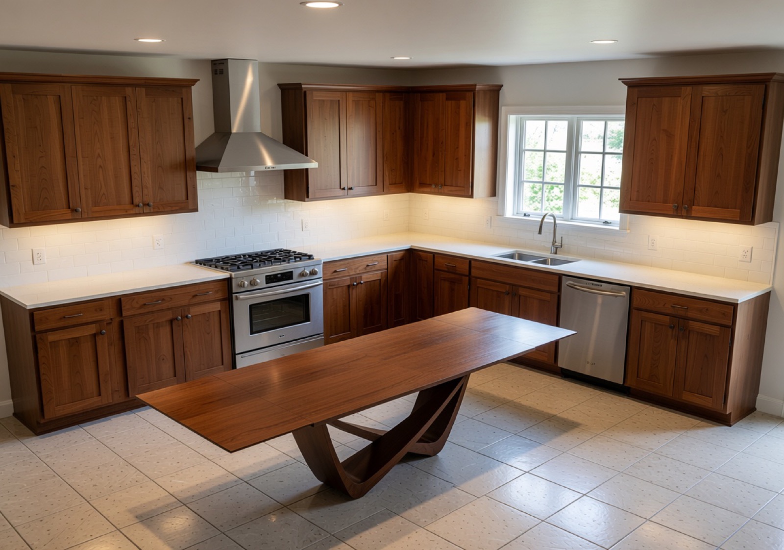 Render de una cocina con una mesa de madera